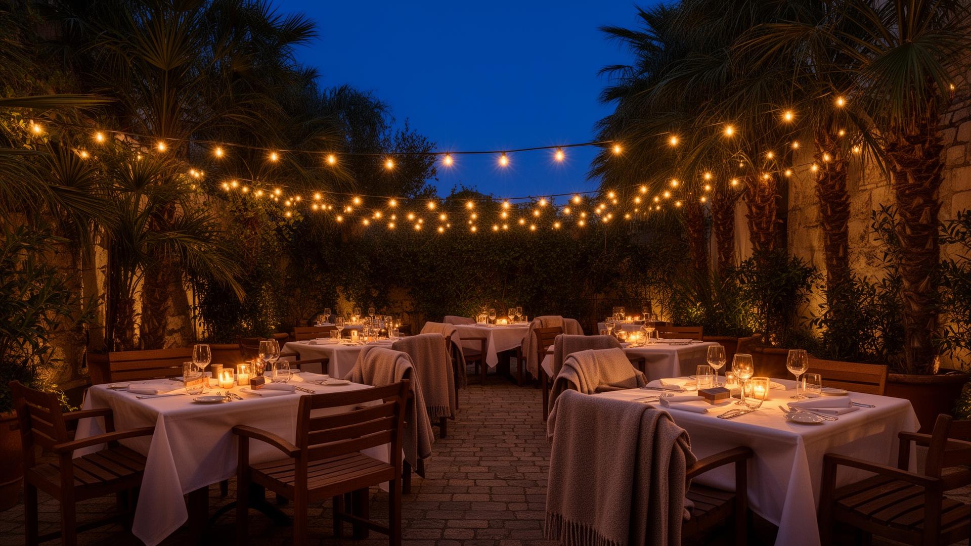 Outdoor courtyard with fairy lights